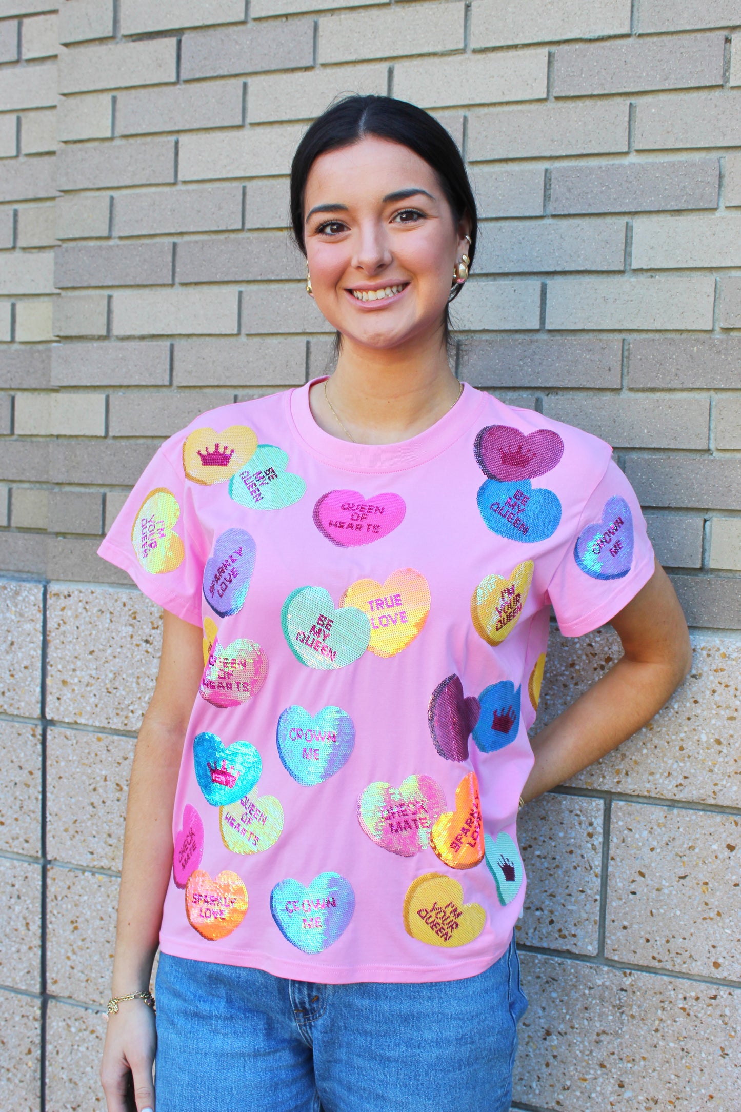 Sequin Candy Heart Tee - Magenta