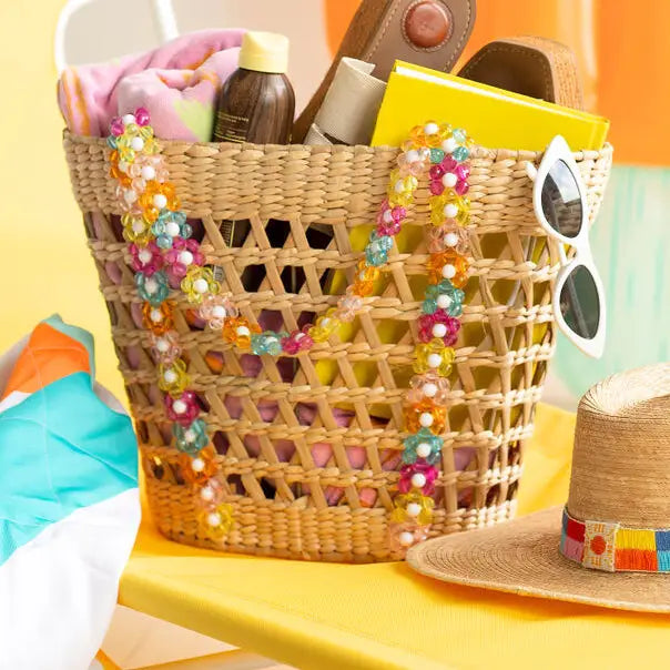 Colorful Beaded Straw Beach Basket Tote