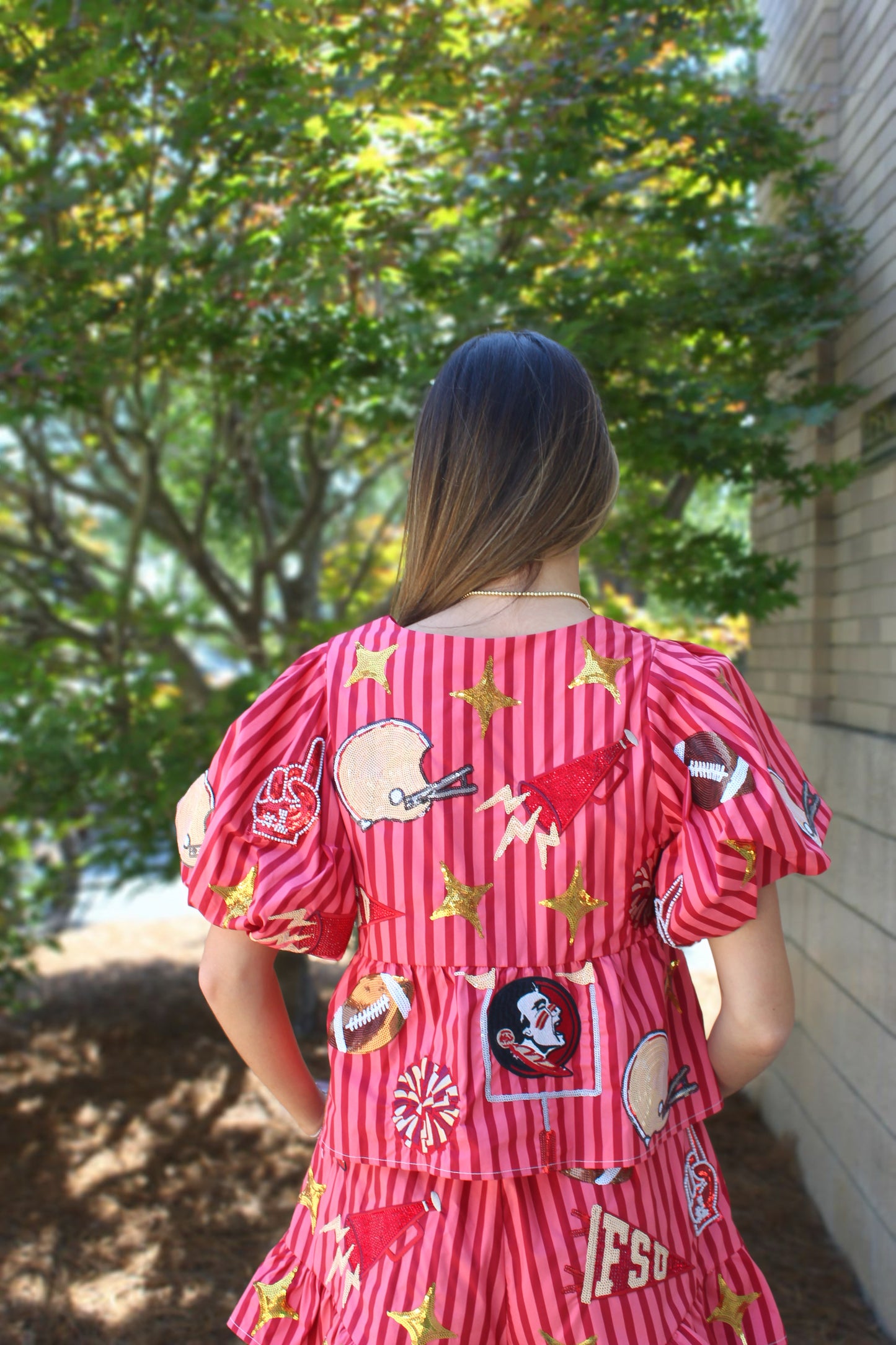 FSU Striped Ruffle Top