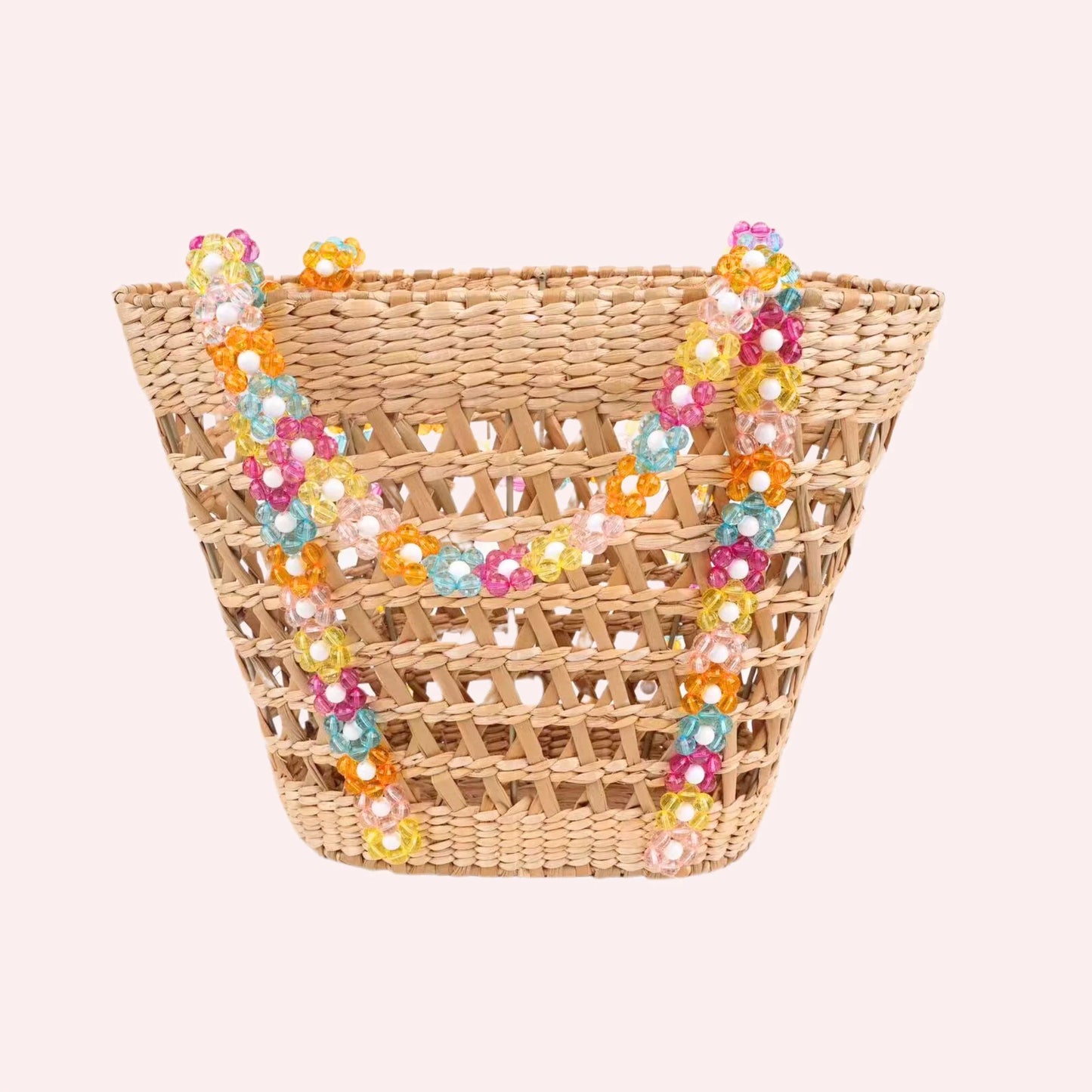 Colorful Beaded Straw Beach Basket Tote