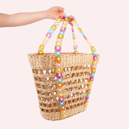 Colorful Beaded Straw Beach Basket Tote
