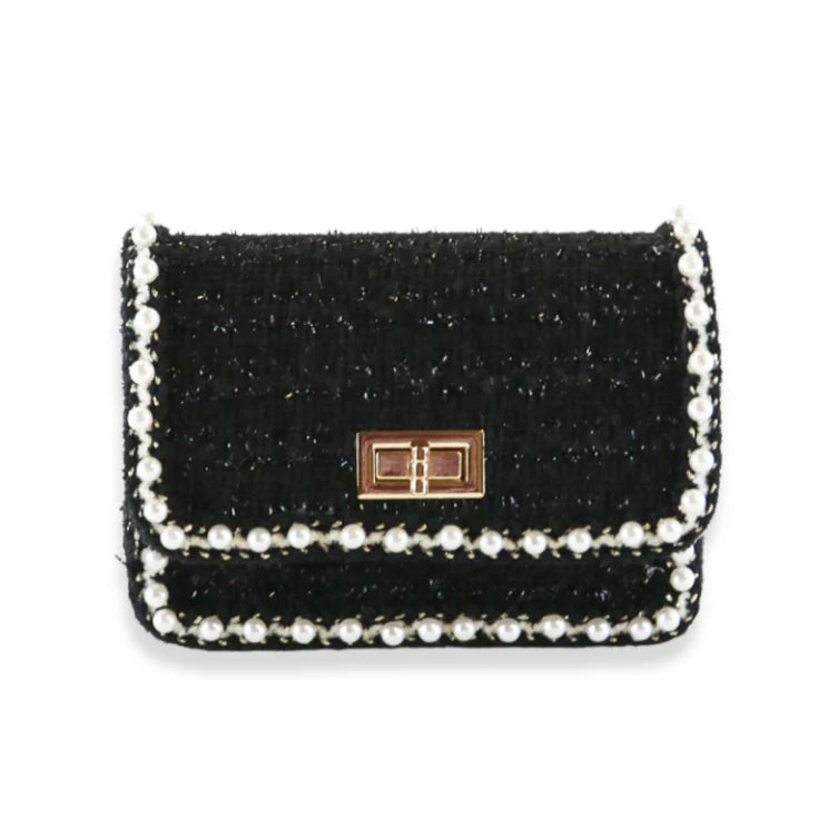 Pearl Trim Tweed Purse - Black