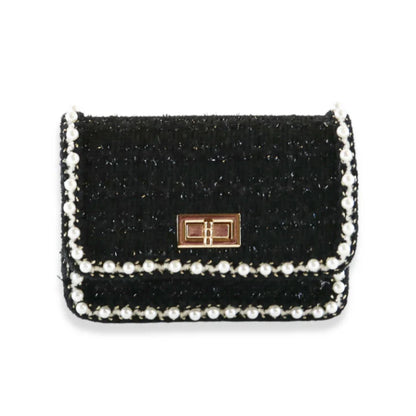 Pearl Trim Tweed Purse - Black