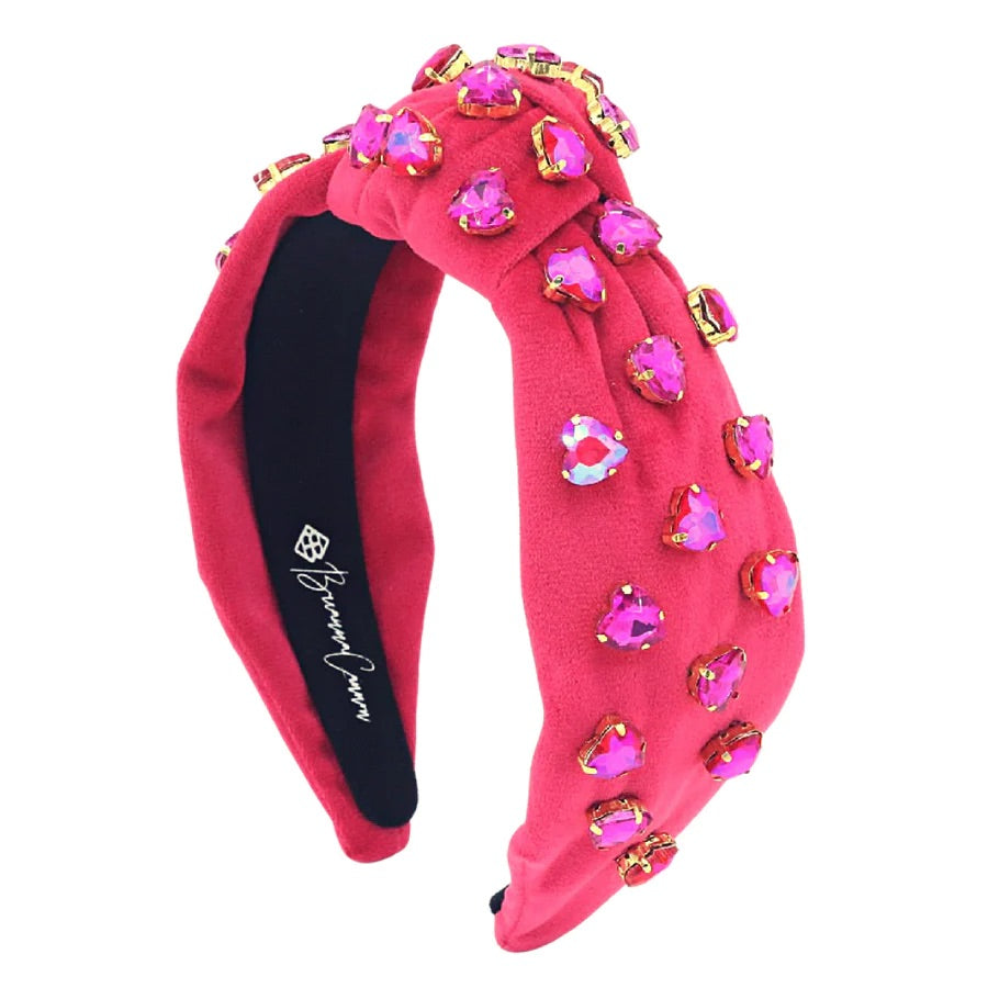 Hot Pink Velvet Headband with Hand Sewn Hot Pink Crystal Hearts